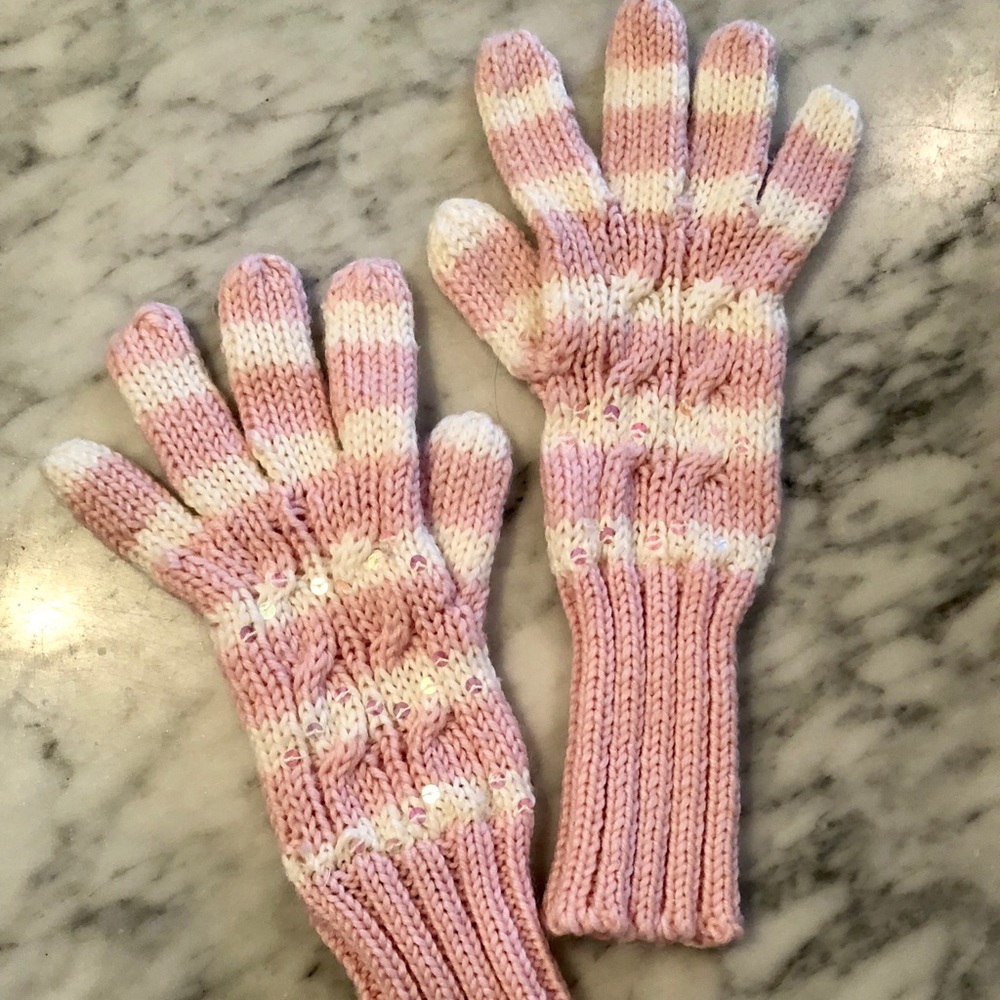 GAP pink and white stripe knit mittens with sequin